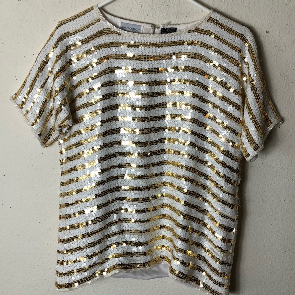 Vintage Lew Magram 80s  SILK Gold and white sequins blouse Large